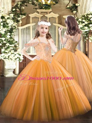Sleeveless Tulle Floor Length Lace Up Kids Pageant Dress in Orange with Beading