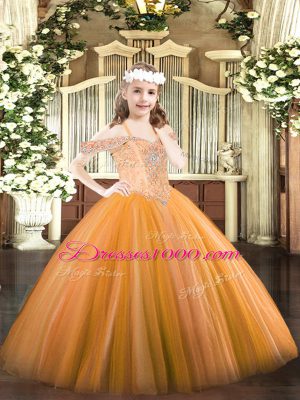 Sleeveless Tulle Floor Length Lace Up Kids Pageant Dress in Orange with Beading