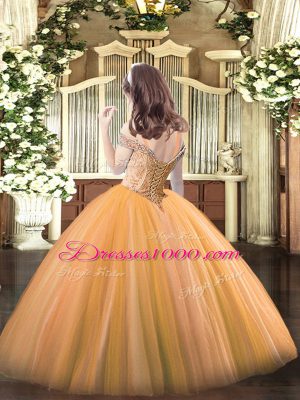 Sleeveless Tulle Floor Length Lace Up Kids Pageant Dress in Orange with Beading