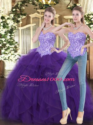 Fashionable Ball Gowns Quince Ball Gowns Purple Sweetheart Tulle Sleeveless Floor Length Lace Up