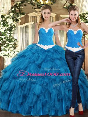 Modern Sleeveless Floor Length Ruffles Lace Up Quince Ball Gowns with Teal
