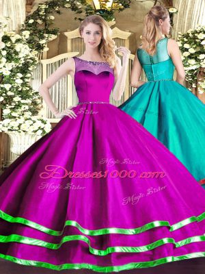 Superior Organza Scoop Sleeveless Lace Up Beading and Ruffled Layers Quinceanera Gowns in Fuchsia