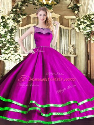 Superior Organza Scoop Sleeveless Lace Up Beading and Ruffled Layers Quinceanera Gowns in Fuchsia