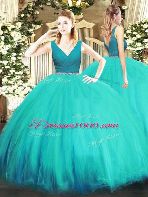 Custom Design Aqua Blue Ball Gowns V-neck Sleeveless Tulle Floor Length Zipper Beading Quinceanera Gowns