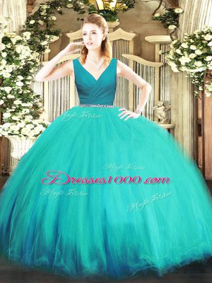 Custom Design Aqua Blue Ball Gowns V-neck Sleeveless Tulle Floor Length Zipper Beading Quinceanera Gowns