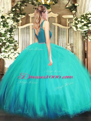 Custom Design Aqua Blue Ball Gowns V-neck Sleeveless Tulle Floor Length Zipper Beading Quinceanera Gowns
