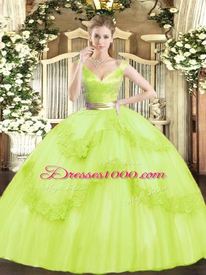 Yellow Green Zipper V-neck Beading and Appliques Ball Gown Prom Dress Tulle Sleeveless
