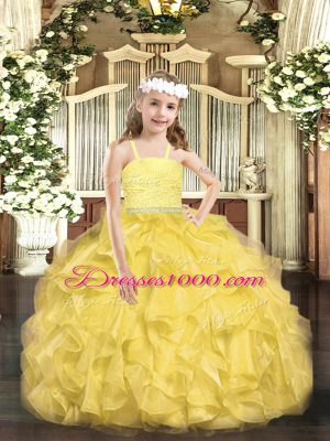 Custom Design Sleeveless Organza Floor Length Zipper High School Pageant Dress in Gold with Beading and Lace and Ruffles