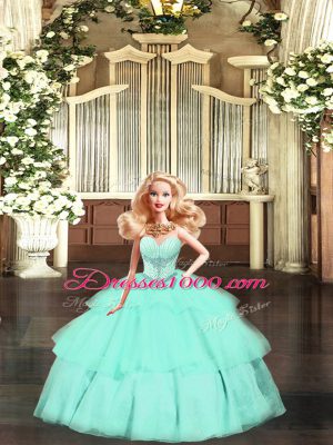 Aqua Blue Tulle Lace Up Sweetheart Sleeveless Floor Length Sweet 16 Dresses Beading and Ruching