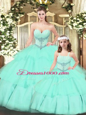 Aqua Blue Tulle Lace Up Sweetheart Sleeveless Floor Length Sweet 16 Dresses Beading and Ruching