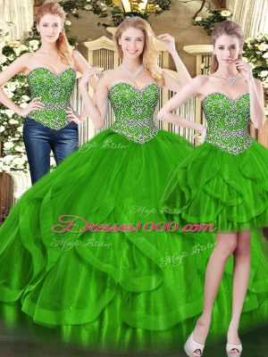 Custom Fit Sleeveless Floor Length Beading and Ruffles Lace Up Quinceanera Gowns with Green