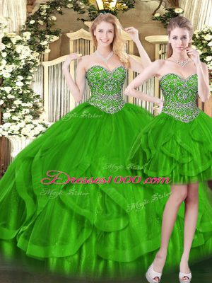 Custom Fit Sleeveless Floor Length Beading and Ruffles Lace Up Quinceanera Gowns with Green