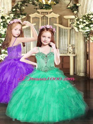 Floor Length Turquoise Kids Pageant Dress Spaghetti Straps Sleeveless Lace Up