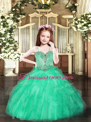 Floor Length Turquoise Kids Pageant Dress Spaghetti Straps Sleeveless Lace Up