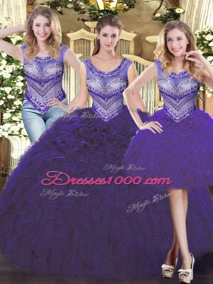 Elegant Purple Lace Up Scoop Beading and Ruffles Ball Gown Prom Dress Tulle Sleeveless