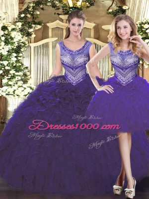 Elegant Purple Lace Up Scoop Beading and Ruffles Ball Gown Prom Dress Tulle Sleeveless