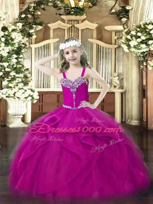 Fuchsia Organza Lace Up Pageant Gowns For Girls Sleeveless Floor Length Beading and Ruffles