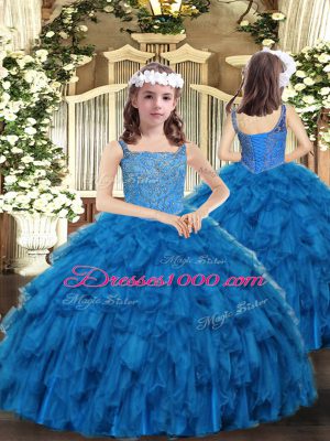 Sweet Beading and Ruffles Kids Pageant Dress Blue Lace Up Sleeveless Floor Length