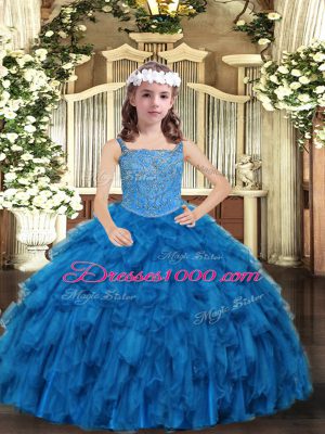 Sweet Beading and Ruffles Kids Pageant Dress Blue Lace Up Sleeveless Floor Length