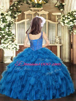 Sweet Beading and Ruffles Kids Pageant Dress Blue Lace Up Sleeveless Floor Length