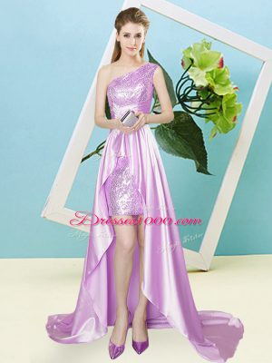 Customized Lilac Lace Up One Shoulder Sequins Evening Dress Elastic Woven Satin and Sequined Sleeveless