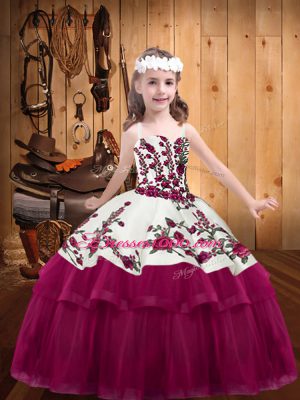 Fuchsia Ball Gowns Organza Straps Sleeveless Embroidery Floor Length Lace Up Party Dress for Girls