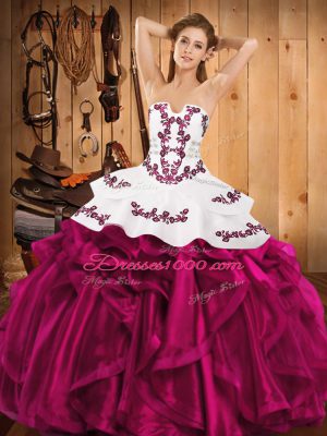 Eye-catching Fuchsia Quinceanera Dresses Military Ball and Sweet 16 and Quinceanera with Embroidery and Ruffles Strapless Sleeveless Lace Up
