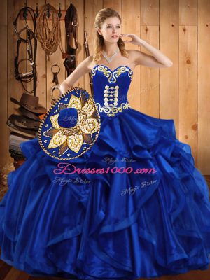 Royal Blue Ball Gowns Embroidery and Ruffles Quinceanera Dresses Lace Up Organza Sleeveless Floor Length