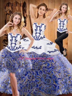 Designer Multi-color Three Pieces Strapless Sleeveless Satin and Fabric With Rolling Flowers With Train Sweep Train Lace Up Embroidery and Ruffles Vestidos de Quinceanera
