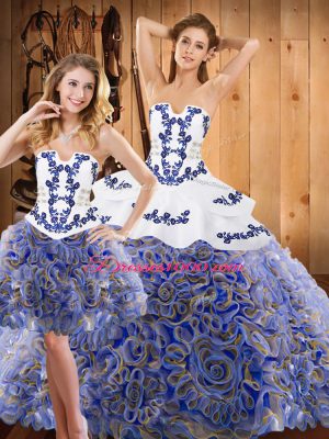 Designer Multi-color Three Pieces Strapless Sleeveless Satin and Fabric With Rolling Flowers With Train Sweep Train Lace Up Embroidery and Ruffles Vestidos de Quinceanera