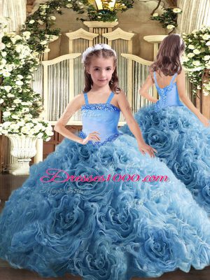 Sleeveless Fabric With Rolling Flowers Floor Length Lace Up Kids Formal Wear in Baby Blue with Appliques
