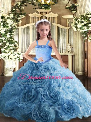 Sleeveless Fabric With Rolling Flowers Floor Length Lace Up Kids Formal Wear in Baby Blue with Appliques