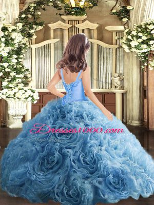 Sleeveless Fabric With Rolling Flowers Floor Length Lace Up Kids Formal Wear in Baby Blue with Appliques