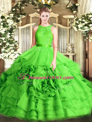 Scoop Sleeveless Quinceanera Gowns Floor Length Lace Fabric With Rolling Flowers