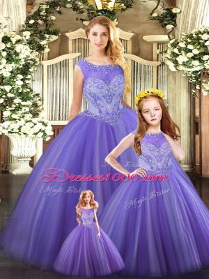 Cheap Lavender Tulle Lace Up Sweet 16 Quinceanera Dress Sleeveless Floor Length Beading