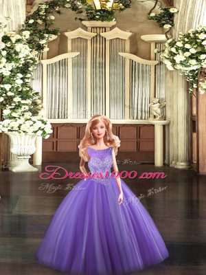 Cheap Lavender Tulle Lace Up Sweet 16 Quinceanera Dress Sleeveless Floor Length Beading