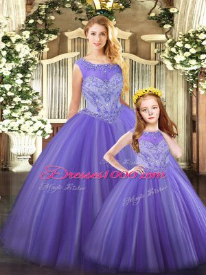 Cheap Lavender Tulle Lace Up Sweet 16 Quinceanera Dress Sleeveless Floor Length Beading