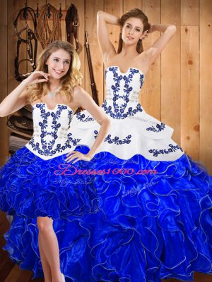 Blue And White Lace Up Sweet 16 Dresses Embroidery and Ruffles Sleeveless Floor Length