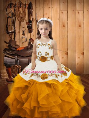 Gold Sleeveless Embroidery and Ruffles Floor Length Womens Party Dresses