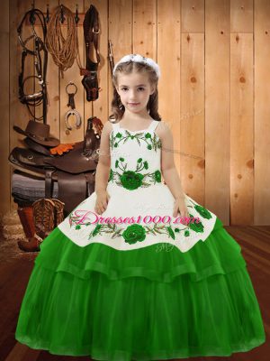Green Lace Up Straps Embroidery and Ruffled Layers Party Dress for Girls Organza Sleeveless