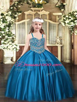 Fashion Blue Party Dress for Toddlers Party and Quinceanera with Beading Straps Sleeveless Lace Up