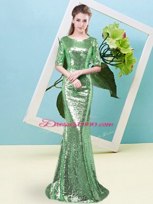 Sexy Green Scoop Zipper Sequins Prom Gown Half Sleeves