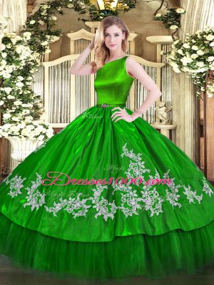 Green Sleeveless Floor Length Embroidery Clasp Handle Sweet 16 Quinceanera Dress