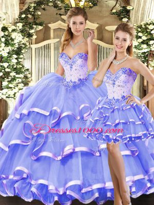 Sweetheart Sleeveless Tulle Quinceanera Gown Beading and Ruffled Layers Lace Up