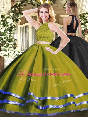 Superior Olive Green Backless Sweet 16 Dresses Beading Sleeveless Floor Length