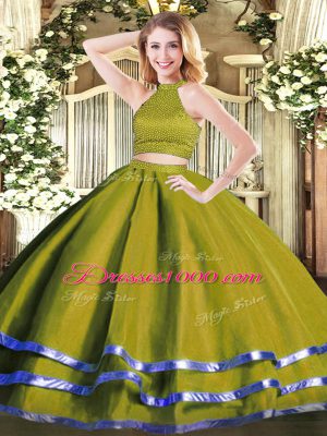 Superior Olive Green Backless Sweet 16 Dresses Beading Sleeveless Floor Length