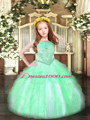 Super Apple Green Sleeveless Floor Length Beading and Ruffles Zipper Little Girls Pageant Dress