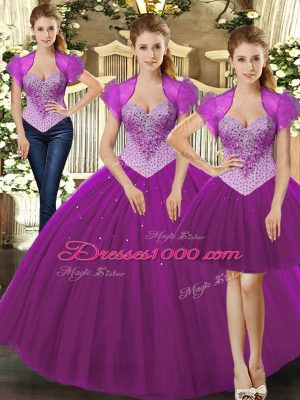 Best Selling Straps Sleeveless Quinceanera Dresses Floor Length Beading Fuchsia Tulle