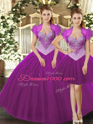 Best Selling Straps Sleeveless Quinceanera Dresses Floor Length Beading Fuchsia Tulle