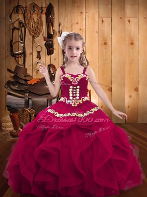 High Quality Fuchsia Organza Lace Up Straps Sleeveless Floor Length Kids Pageant Dress Embroidery and Ruffles